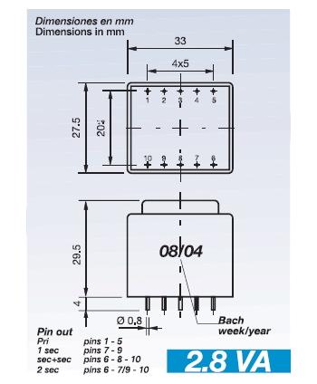 TRANSFORMADOR ENCAPSULADO 230V Sec.9V 2,8VA