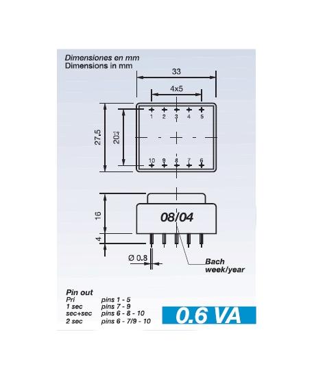 TRANSFORMADOR ENCAPSULAT 230V Sec.12V 0,6VA