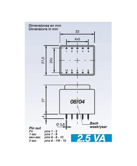 TRANSFORMADOR ENCAPSULAT 230V Sec.6V 2,5VA