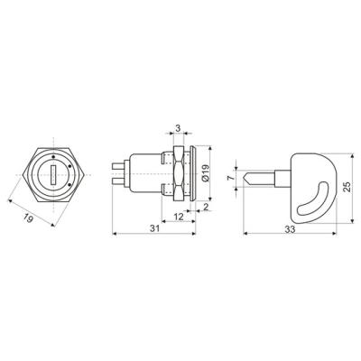 3P INTERRUPTEUR À CLÉ OFF-ON-ON Ø15.7mm