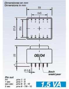 TRANSFORMADOR ENCAPSULADO 230V Sec.9-0-9V 1,5VA